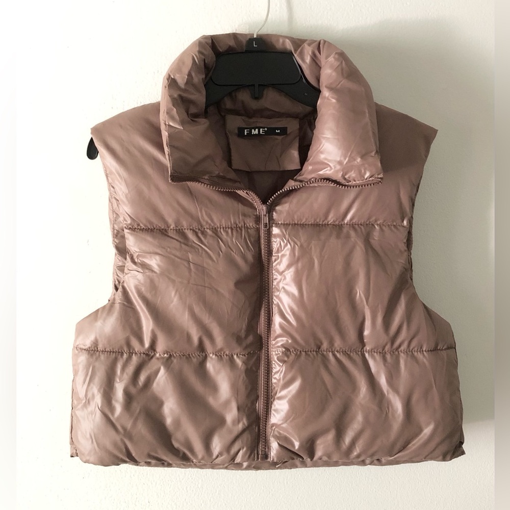 FME Cropped Brown Quilted Puffer Vest Minimalist Fall